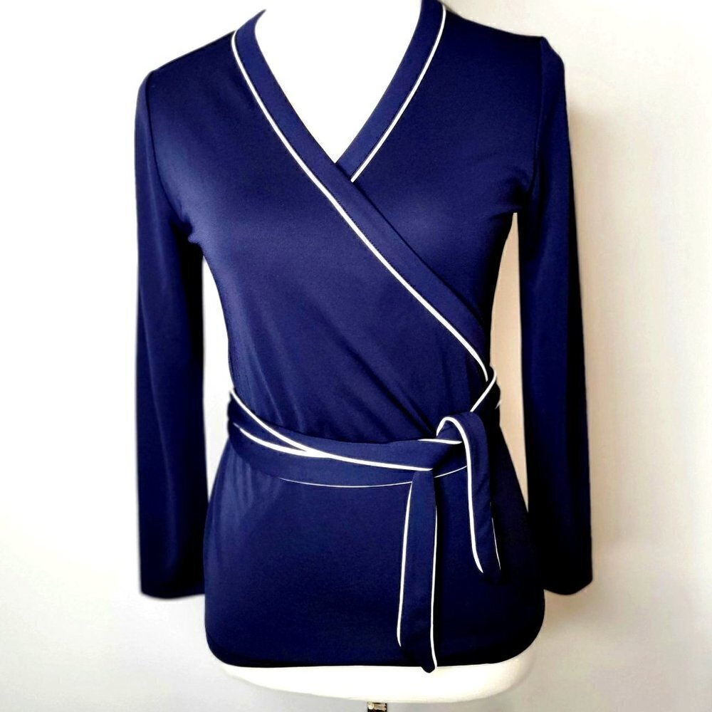 Ann Taylor Faux Wrap Style Belted Top Navy White Preppy Top Shirt Size SP